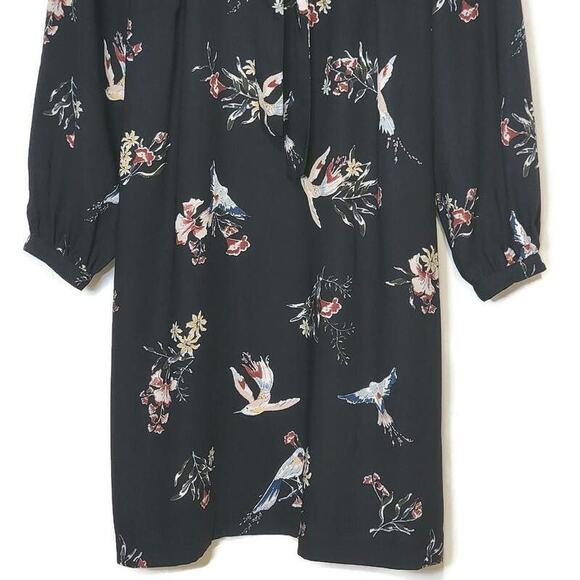 H&M Floral Bird Print V Neck Tie Neck Long Sleeve Black Shift Dress Size 12 - Picture 5 of 14